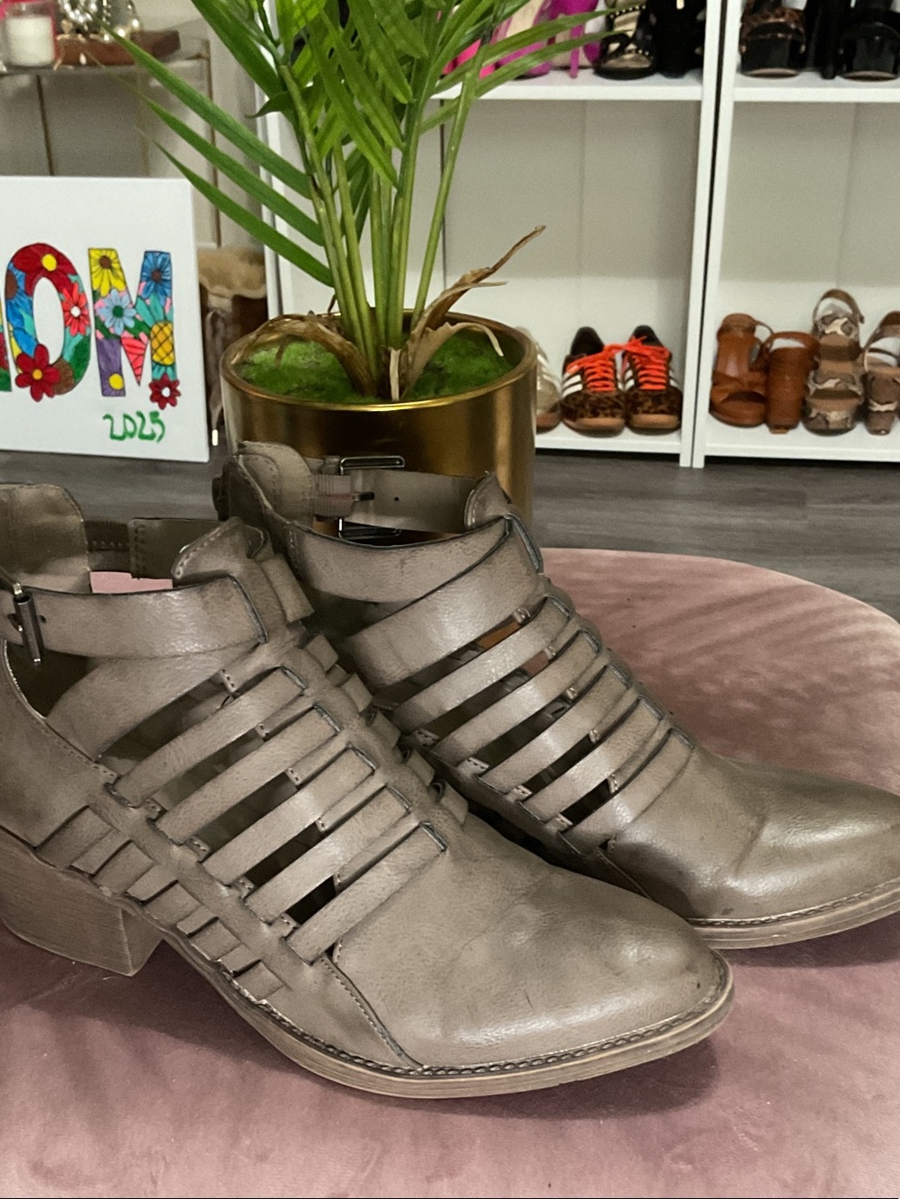 Volatile Cutout Strappy Ankle Boot in Taupe Gray